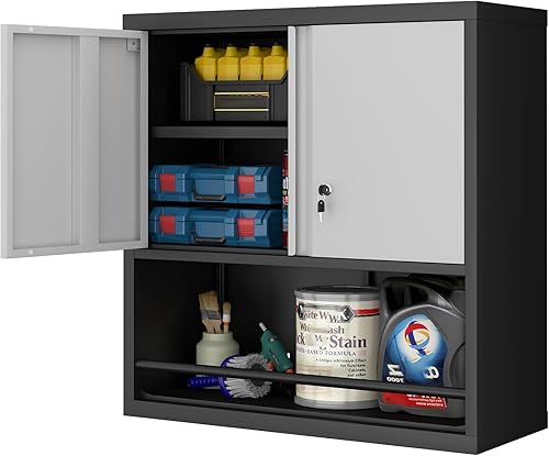 Miniatura 23 de LUCYPAL Armario de almacenamiento de metal con 2 puertas de bloqueo y 2 estantes ajustables, gabinete de almacenamiento con cerradura de acero para