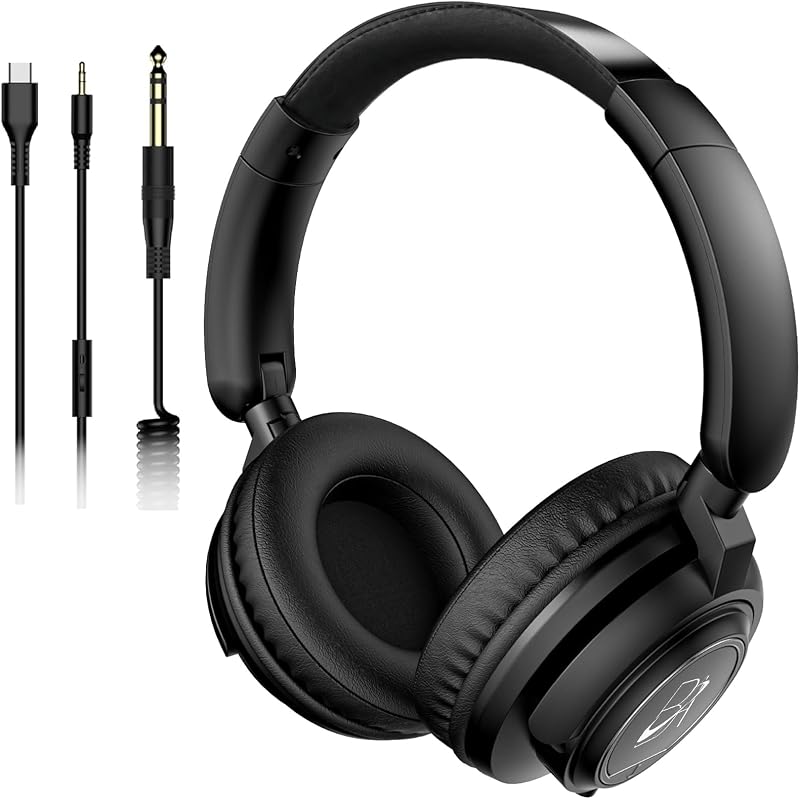 Wired Over Ear Studio Monitor Headphones for Stereo DJ Mixing & Recording, 50mm Neodymium Drivers 3.5mm, 6.35mm (1/4") and Type-C Cables for AMP Computer Podcast Keyboard Guitar Laptop Black
