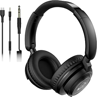 Wired Over Ear Studio Monitor Headphones for Stereo DJ Mixing & Recording, 50mm Neodymium Drivers 3.5mm, 6.35mm (1/4") and Type-C Cables for AMP Computer Podcast Keyboard Guitar Laptop Black