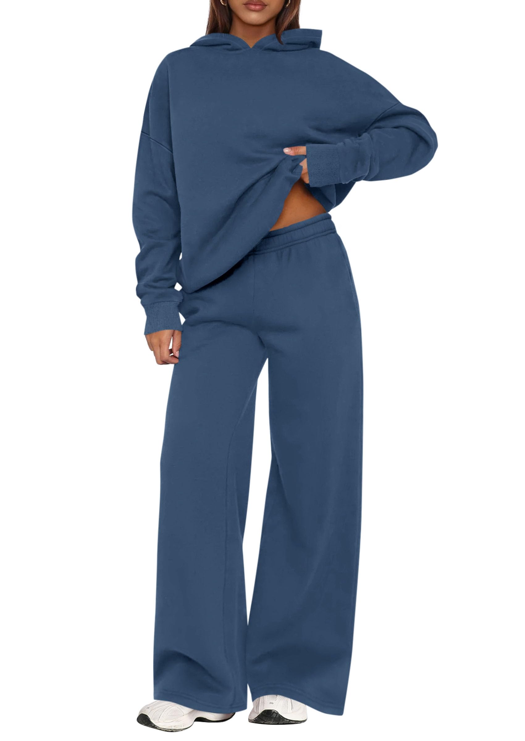 Photo 1 of PRETTYGARDEN Womens Sweatsuits 2 Piece Set 2026 Casual Winter Long Sleeve Hoodie Loose Wide Leg Sweatpants Fall Tracksuit (Grey Blue,Small)