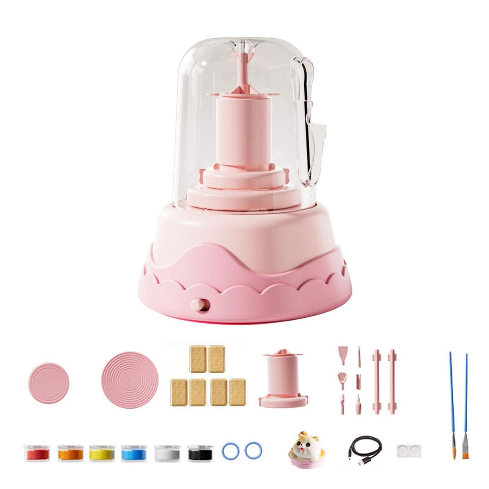 Elektrisches Töpferscheiben Set für Kinder, Töpfermaschine, DIY Bastelset für Anfänger, Künstleratelier Set, Porzellanscheibe, Pink 6 Ton