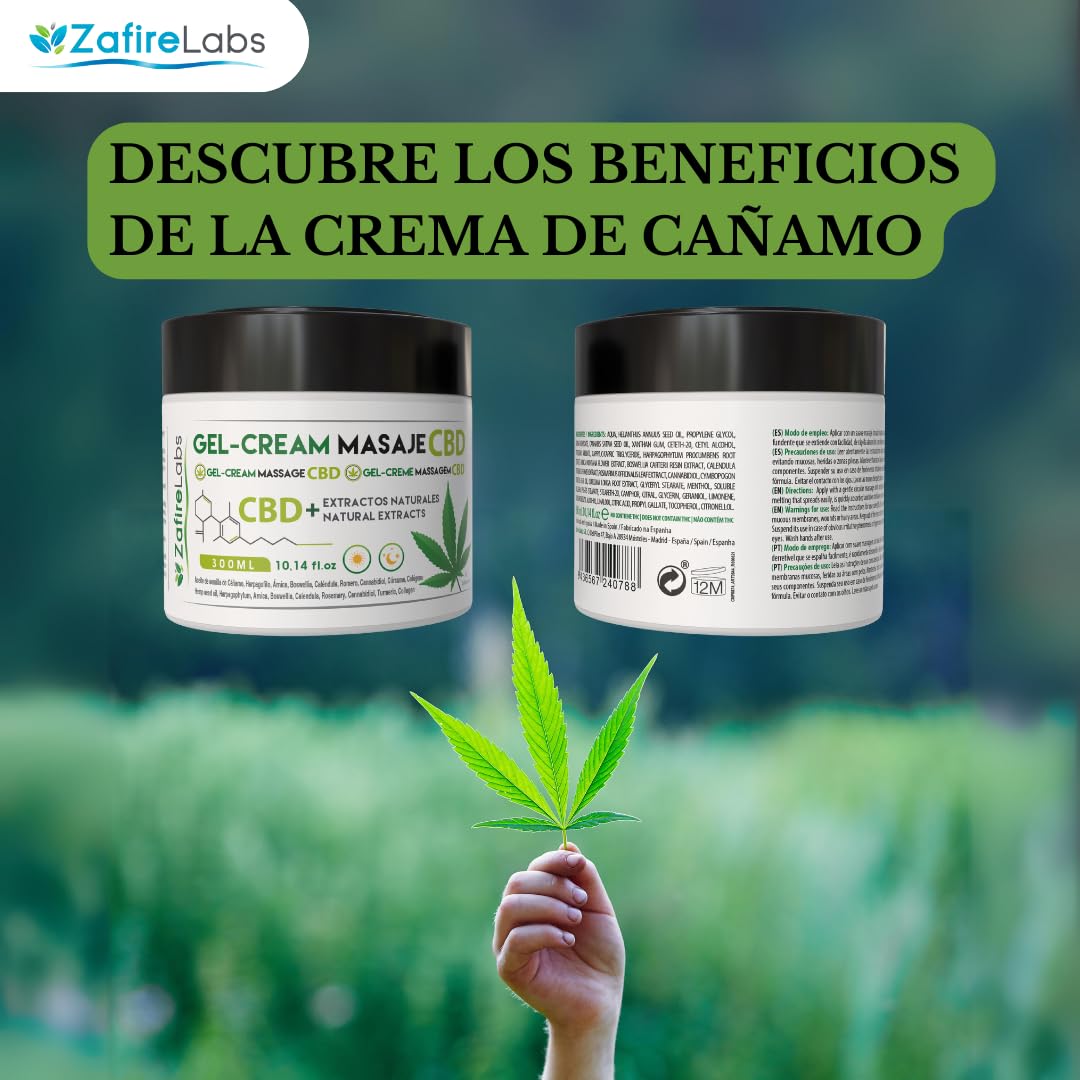 ZafireLabs Crema de Cañamo - Gel frio con Extracto de Cannabis para Dolores Musculares y Articulares - Crema Antiinflamatoria, Anestésica y Alivia la Artrosis 300ml
