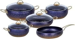 O.M.S Cookware Granite Copper Set Ball Shape Set Blue Gold Non Stick Casserole Pan Pot Frying Pan Glass Lids 9 Piece Cookware Set - Essential, Pots and Pans Set - 3024 - Made in Turkey