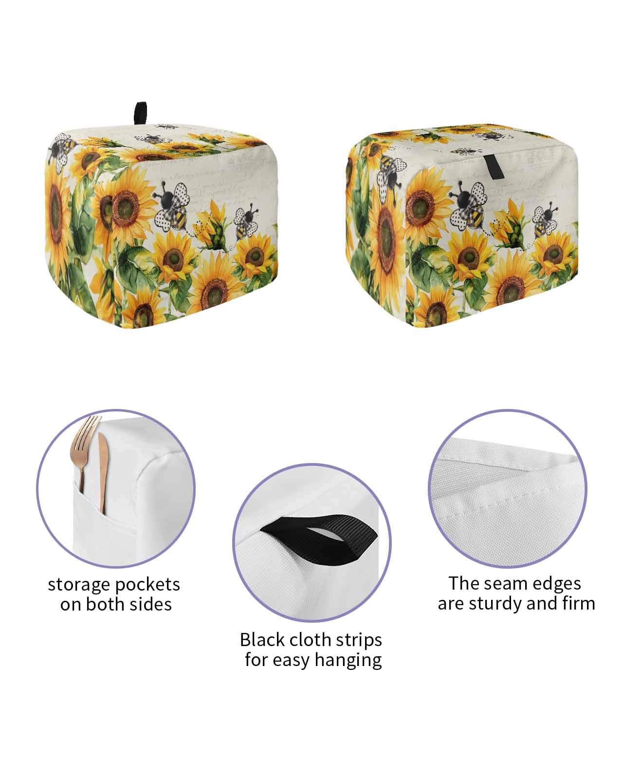 Sunflower Leaves Toaster Cover 2 Slice, Bee Spring Retro Farmhouse Dustproof Bread Machine Oven Cover with Storage Pockets, Fits Most Kitchen Toasters Protector