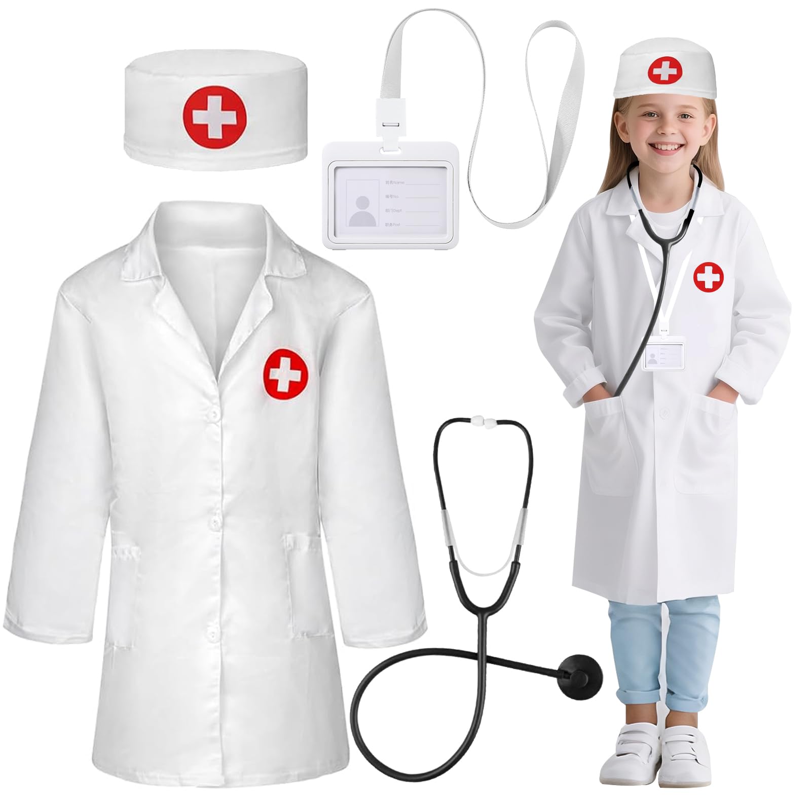 Cosysparks Doctor Costume Kids, 4 Pack Kids Doctors Outfit Kid White Lab Coat with Hat Stethoscope Work Card Holder Doctor Accessories Doctors Role Play Set for Boys Girls Age 5-9