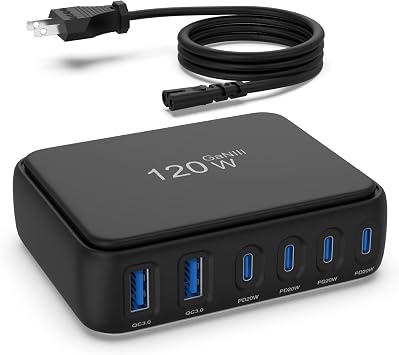Desktop Fast Charging Station, 120W GaN 6-Port Multi Port Charger with Independent Power DeliveryUSB C Power Strip & Charging Hub, No-Buzz Design, Compatible with iPhone iPad Samsung Pixel