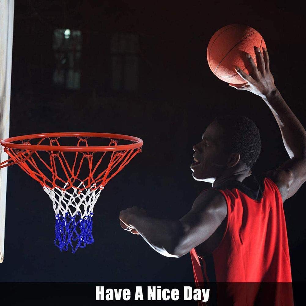 Rete di ricambio per canestro da basket resistente, in nylon intrecciato rosso/bianco/blu tricolore, resistente e durevole, adatta a cerchi standard interni o esterni, 12 passanti