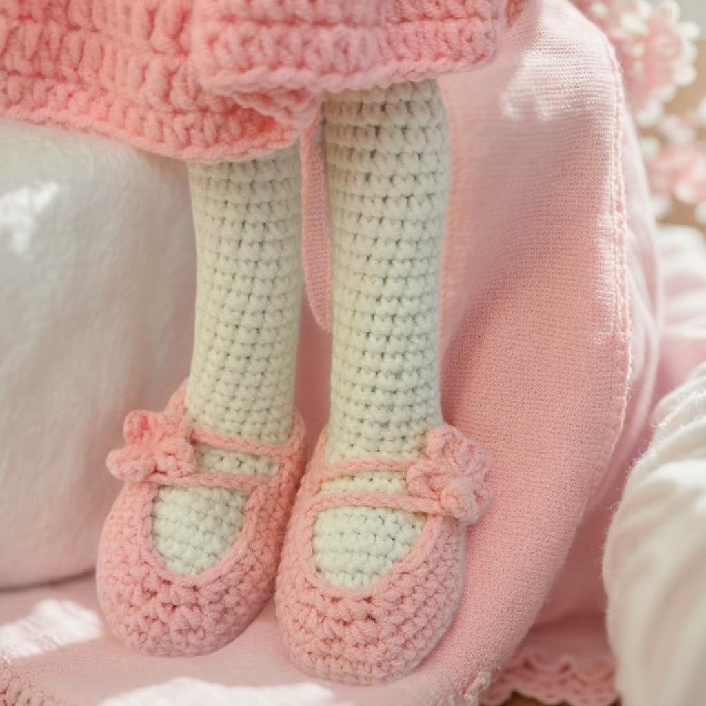 Knitted Stuffed Animal for Baby, Lop Eared Rabbit, Pink Dress Crochet Rabbit Baby Toys, Rattle Bunny Toy for 3 4 5 Year Old Girl(10.6 Inches)