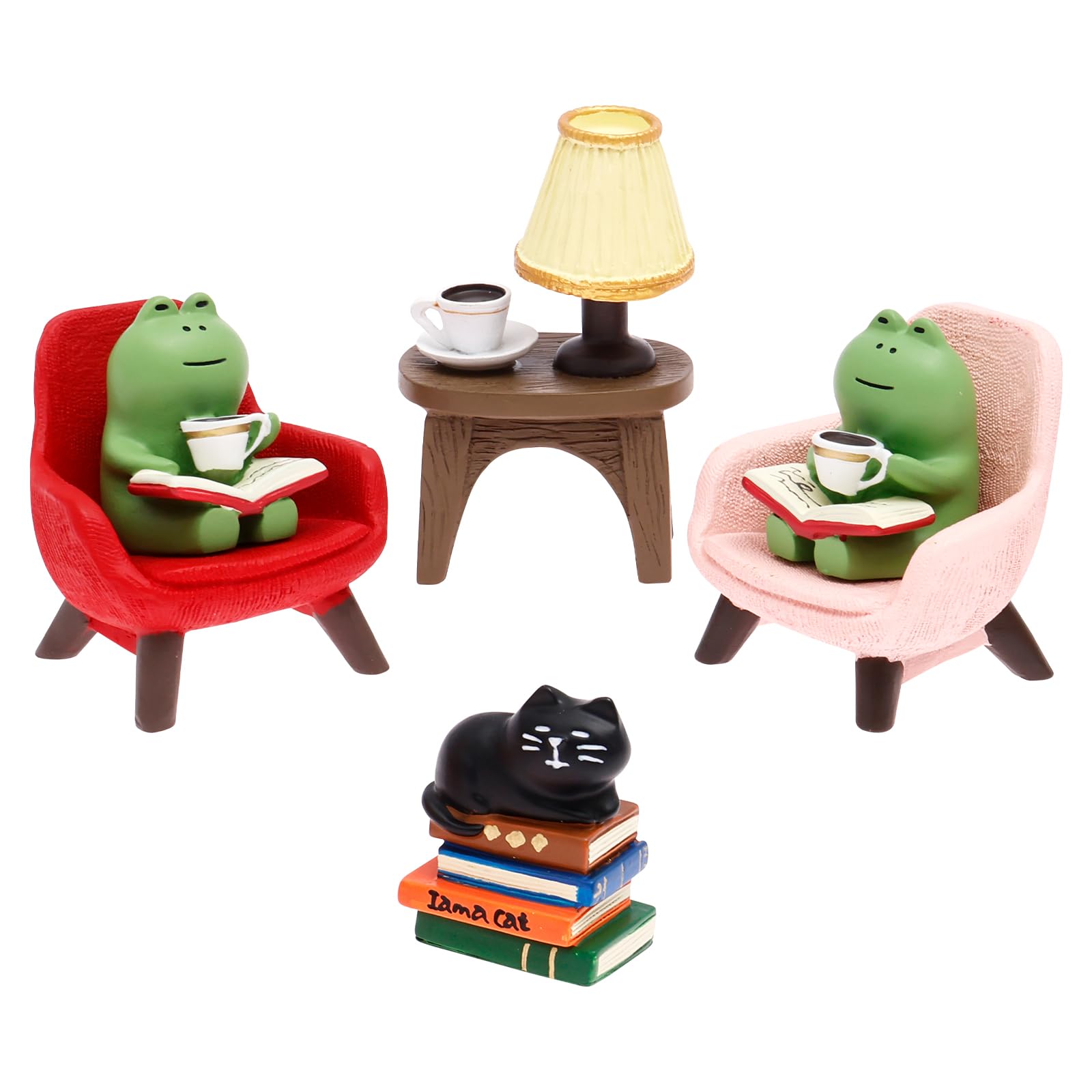 Bpyhebe 6PCS Cute Mini Cat Frog Figurines, DIY Funny Frog Cat Sculpture with Sofa and Desk, Resin Frogs Cats Ornaments Statues Desk Accessories for Home Office Bookshelf Fairy Garden Decor