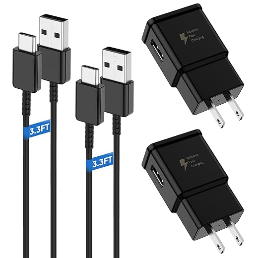 Adaptive Fast Type C Charger Compatible Samsung Galaxy S21+ S21 Ultra 5G S9 S8 Plus S10 S10e S20 FE Note 8 9 10 20 Plus, 2 Pack Charging Adapter + 2 Pack 6.6ft USB-C Cables