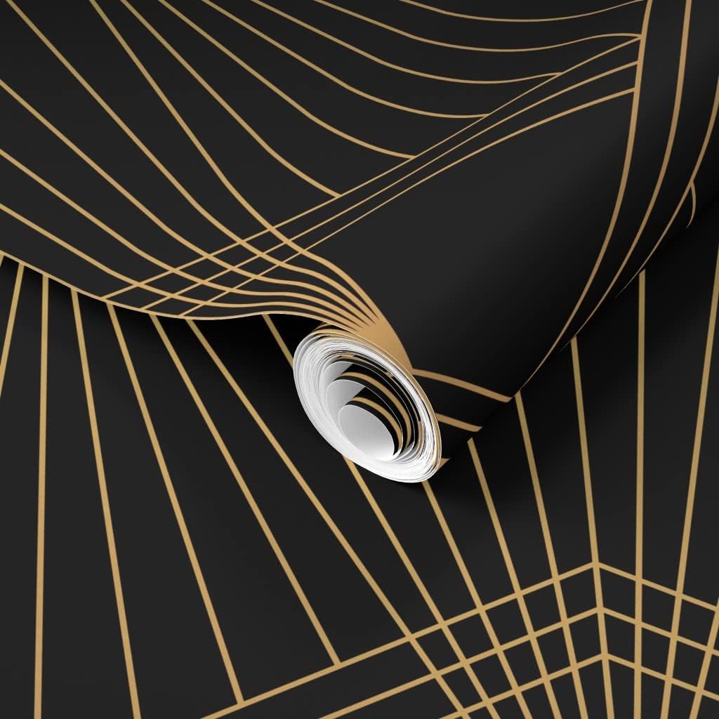 Spoonflower Removable Wallpaper 6ft x 2ft - Art Deco Black Gold Geometric Lines Vintage Roaring 20s Custom Pre-Pasted Wallpaper