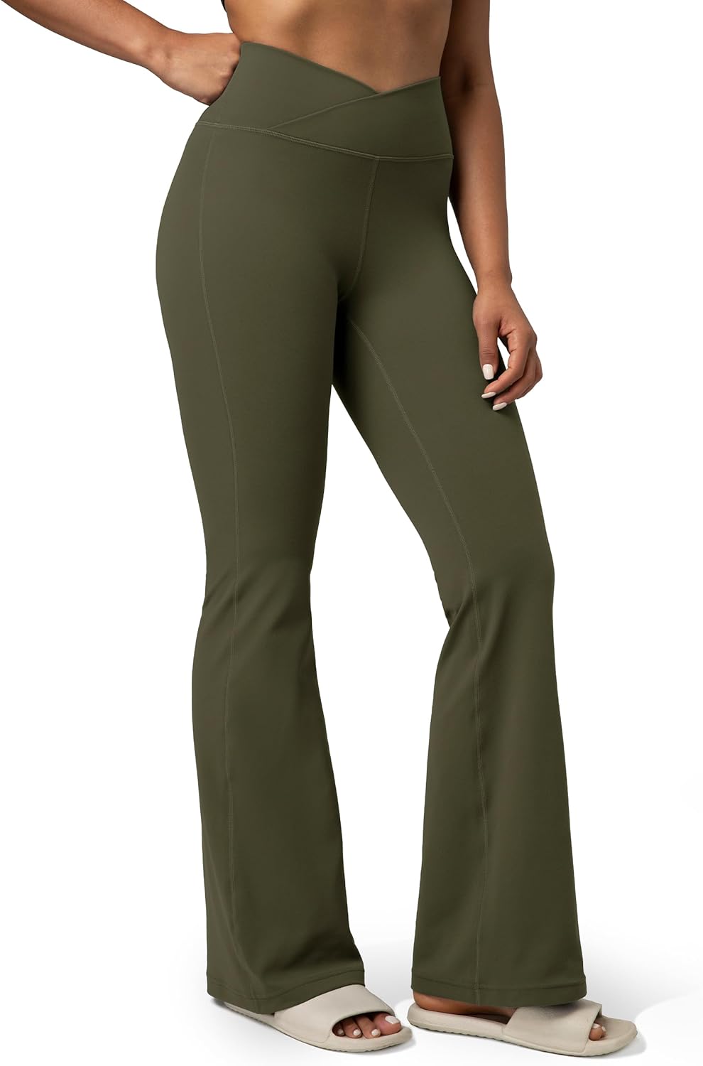 Colorfulkoala Women's Dreamlux Crossover Flare Leggings High Waisted Tummy Control Wide Leg Yoga Pants 29.5" / 31.5" Inseam 31.5" Inseam Large Olive