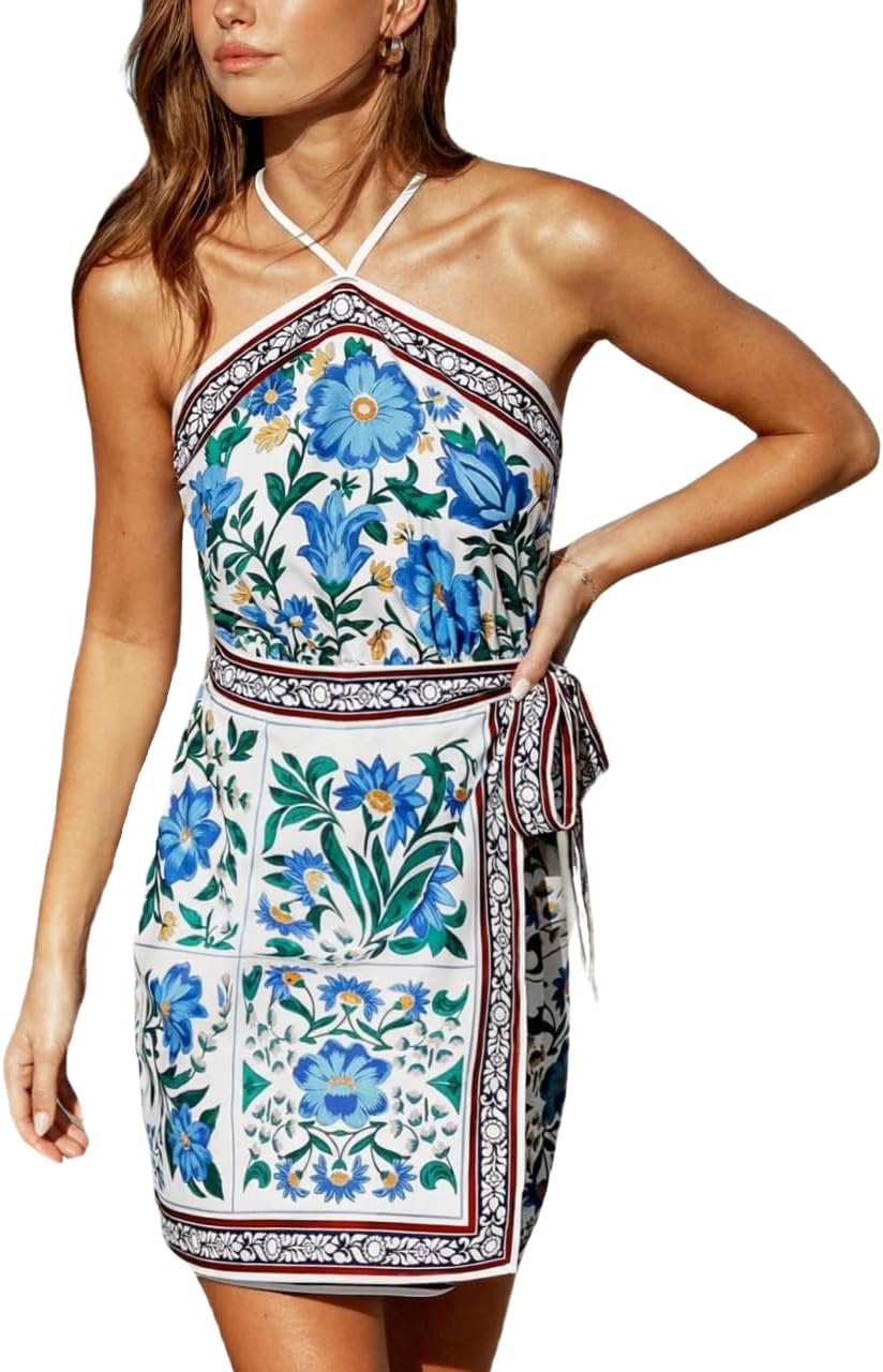 CUPSHE Women's Summer Dresses Floral Boho Halter Crisscross Backless Wrap Beach Vacation Smocked Mini Dress