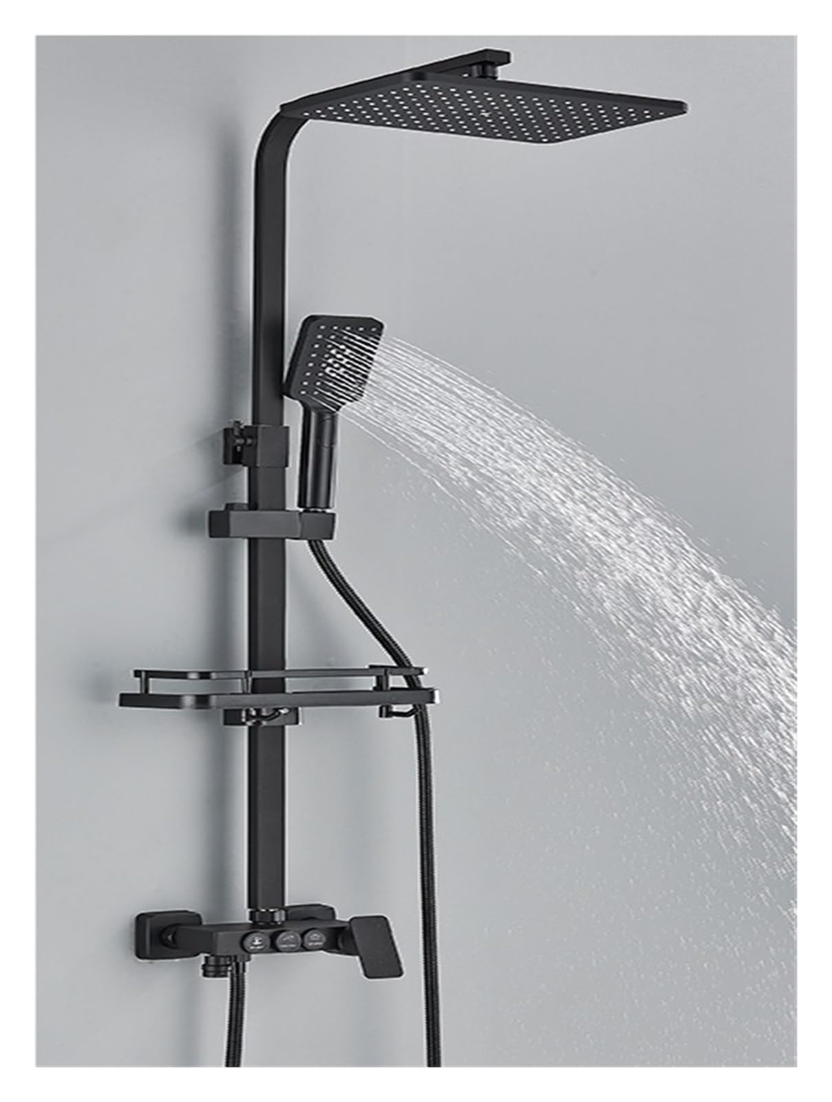 Colonne de douche thermostatique LCD gris noir avec affichage de température et étagère de salle de bain