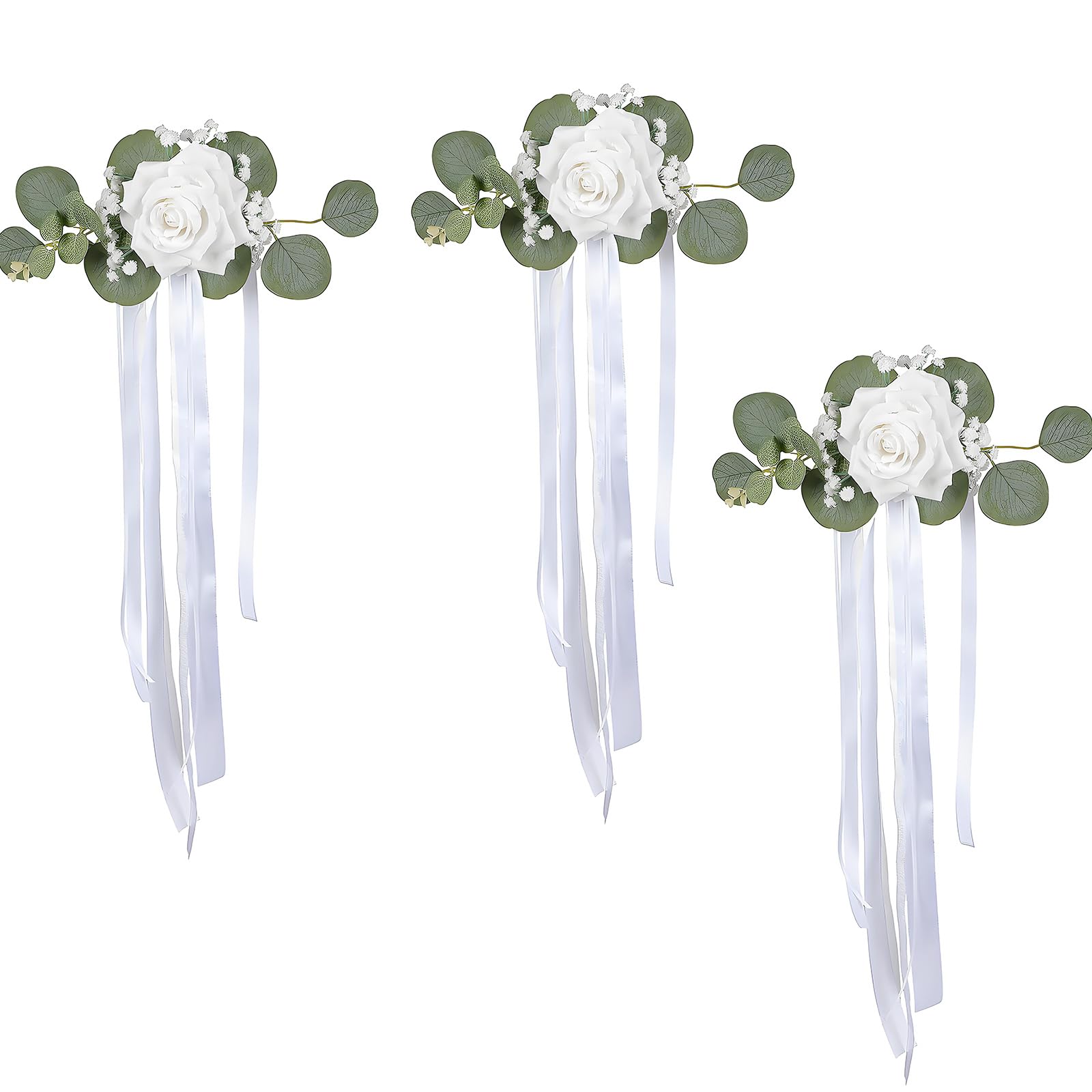 Kaeltsyn Vehicle Floral Accent, Artificial White Rose Chair Decor with Greenery and Ribbon Tails for Weddings and Artificial Rose Chair Decor Wedding Flowers Vehicle Floral Accent White Faux Flower