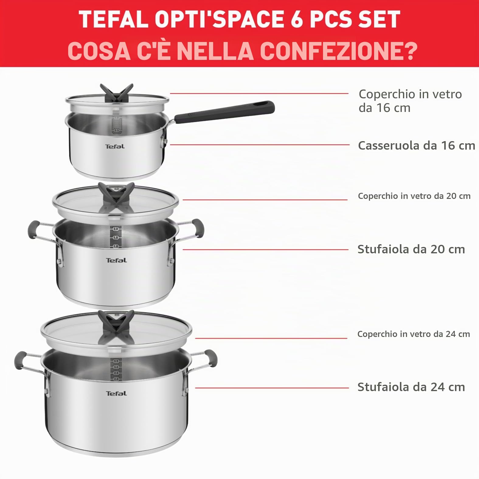 Tefal G7376S Opti'Space - Set di 6 pentole | Casseruola 16 cm (con coperchio) | Pentole 20/24 cm (con coperchio) | Acciaio inossidabile | Fondo termofusione | per tutti i piani cottura | Induzione |