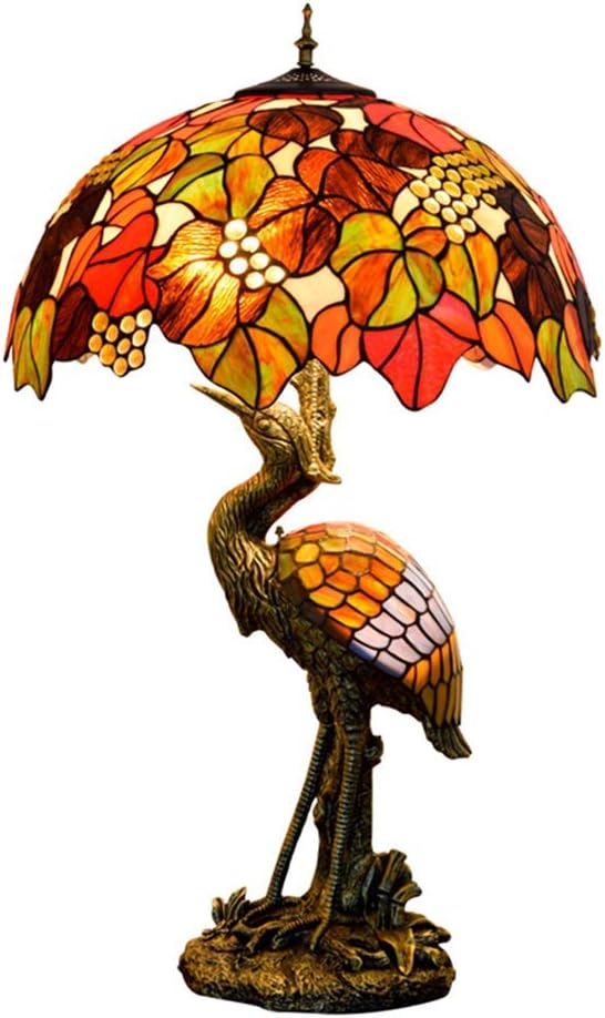 Handmade Stained Glass Table Lamp Tiffany Style Male Crane Desk Lamp,50CM Brown Grape Glass Lampshade Night Light Suitable for Decorating Room Table Lamp