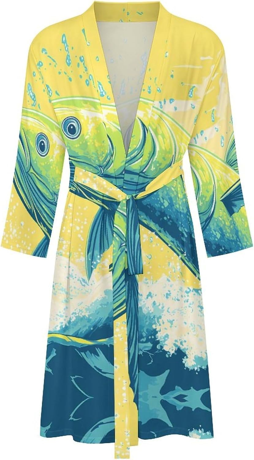 Mahimmahi Fish Mens Robe Long Bathrobe for Women Bath Robes Lightweight Soft Printed Sleepwear