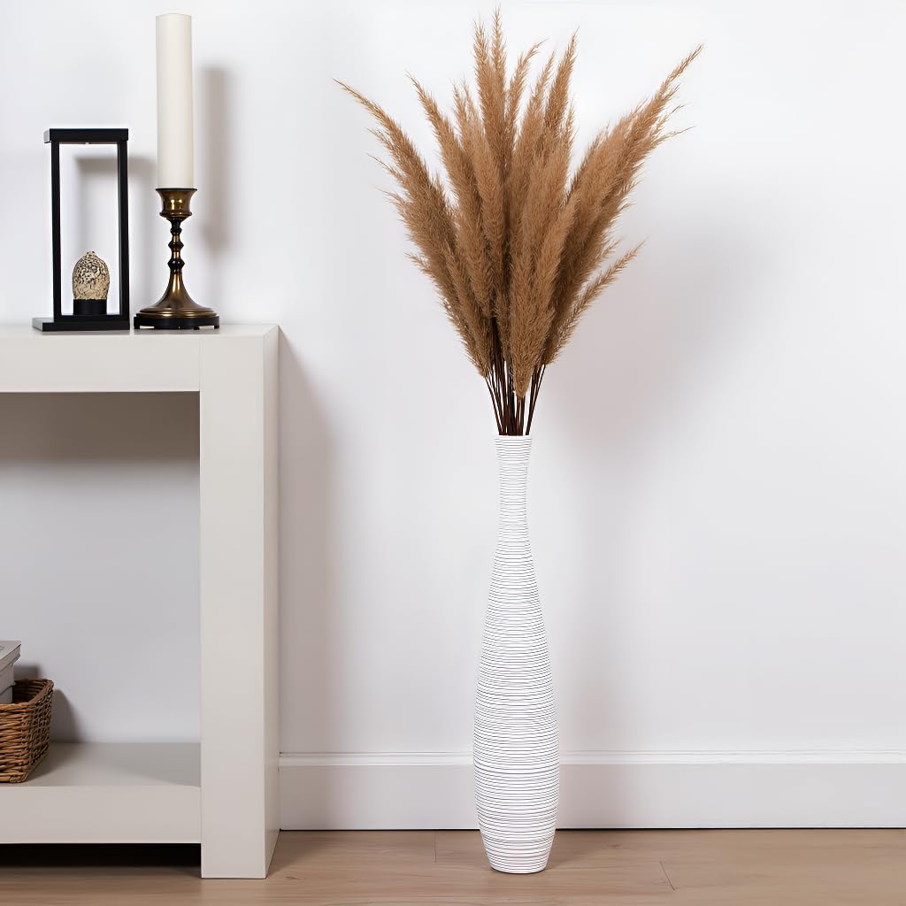 Vase De Sol Blanc Texturé - Hauteur 58 Cm, Diamètre 15 Cm, Matériau PP Léger - Décoration Intérieur Rustique Ou Moderne