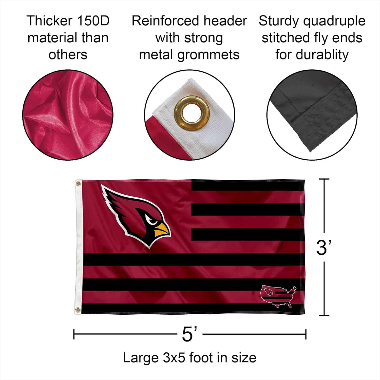 Arizona Cardinals USA American Nation Stripes 3x5 Grommet Flag - Image 2