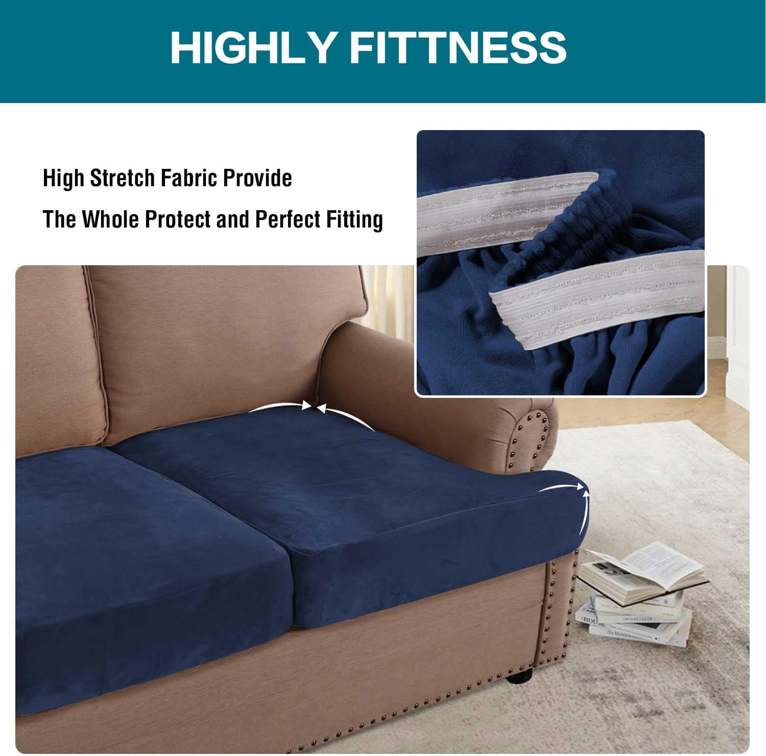 Turquoize Velvet 3 Piece T Cushion Sofa Slipcovers Sofa Cushion Covers for 3 Cushion Couch Stretch Sofa Seat Cushion Covers Individual T Cushion Slipcovers, (2 T-Cushion + 1 Box Cushion, Navy)