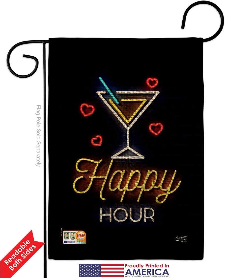 Neon Happy Hour Burlap Burlap Garden Flag Beverages Party Drinks Celebrate Fun Summer Beach Tropical Small Decorative Gift Yard House Banner Double-Sided Made In USA 13 X 18.5
