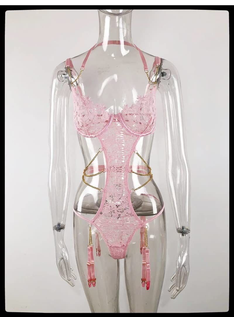 Body Lingerie Sexy con Reggicalze Halter Nightwear Hollow (Color : A, Size : L Code)