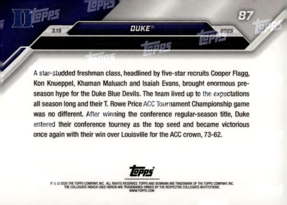 DUKE ACC CHAMPS 2025 Bowman Collection NOW Blue 42/49#87 Blue Devils NM-MT Basketball