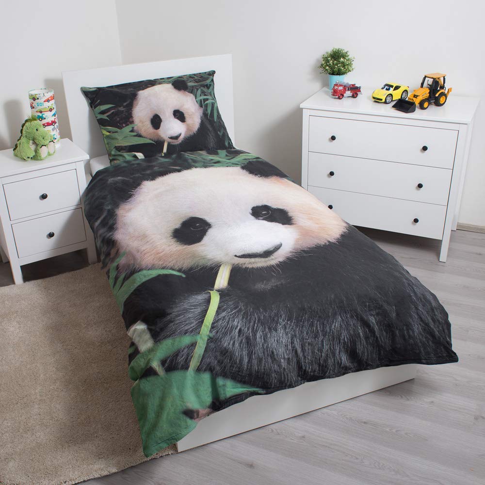 JF Parure da letto Panda 100% cotone, copripiumino reversibile 140 x 200 cm + federa in bambù