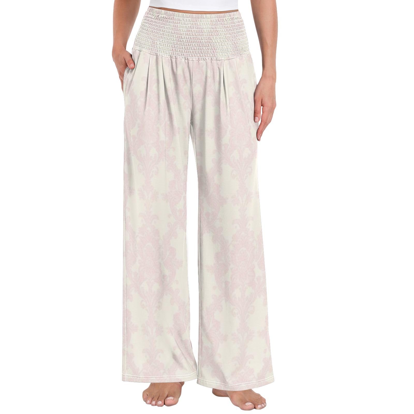 Blush Damask - Pantalones palazzos para mujer, ligeros, elásticos, casuales, ropa de descanso