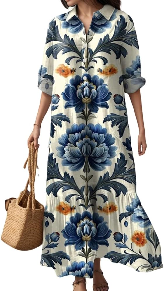 Akivide Women's Fall Long Sleeve Dresses for Women 2025, Casual Boho Floral Print Button Down Lapel Flowy Swing Maxi Dress