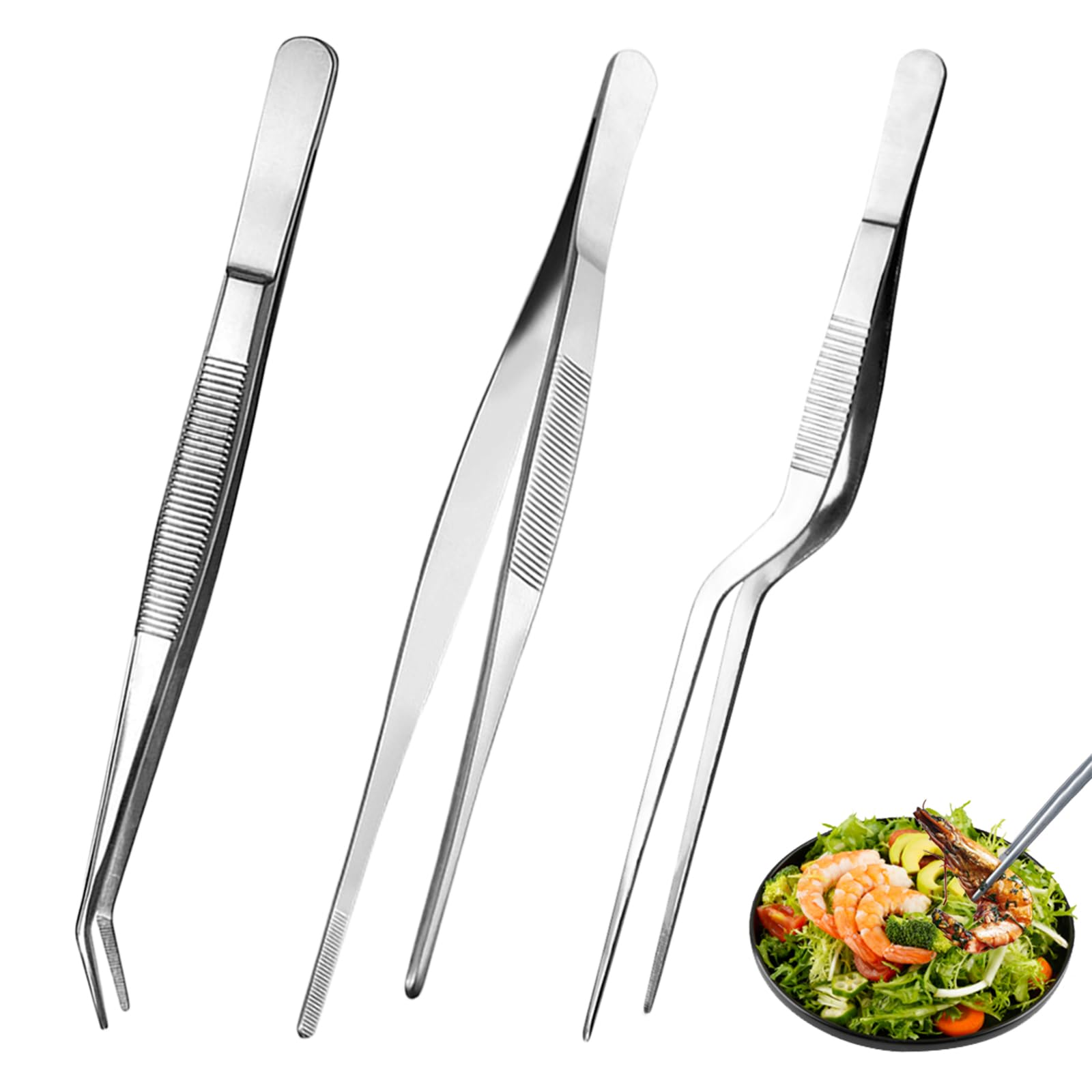 Kitchen Cooking Tweezers Culinary, 3 Pieces of Kitchen Tweezers, Cooking Tweezers, Approx.16 cm Cooking Tweezers, Set Stainless Steel Tweezer, Precision Tongs Offset Tip, Use for Cooking, Grilling