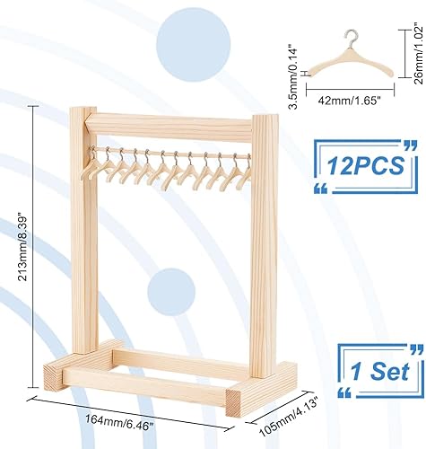 Miniatura 2 de AHANDMAKER 1 juego de perchero pequeño con mini perchas, pequeño estante de madera para joyas para aretes, perchero de ropa para decoración de casa