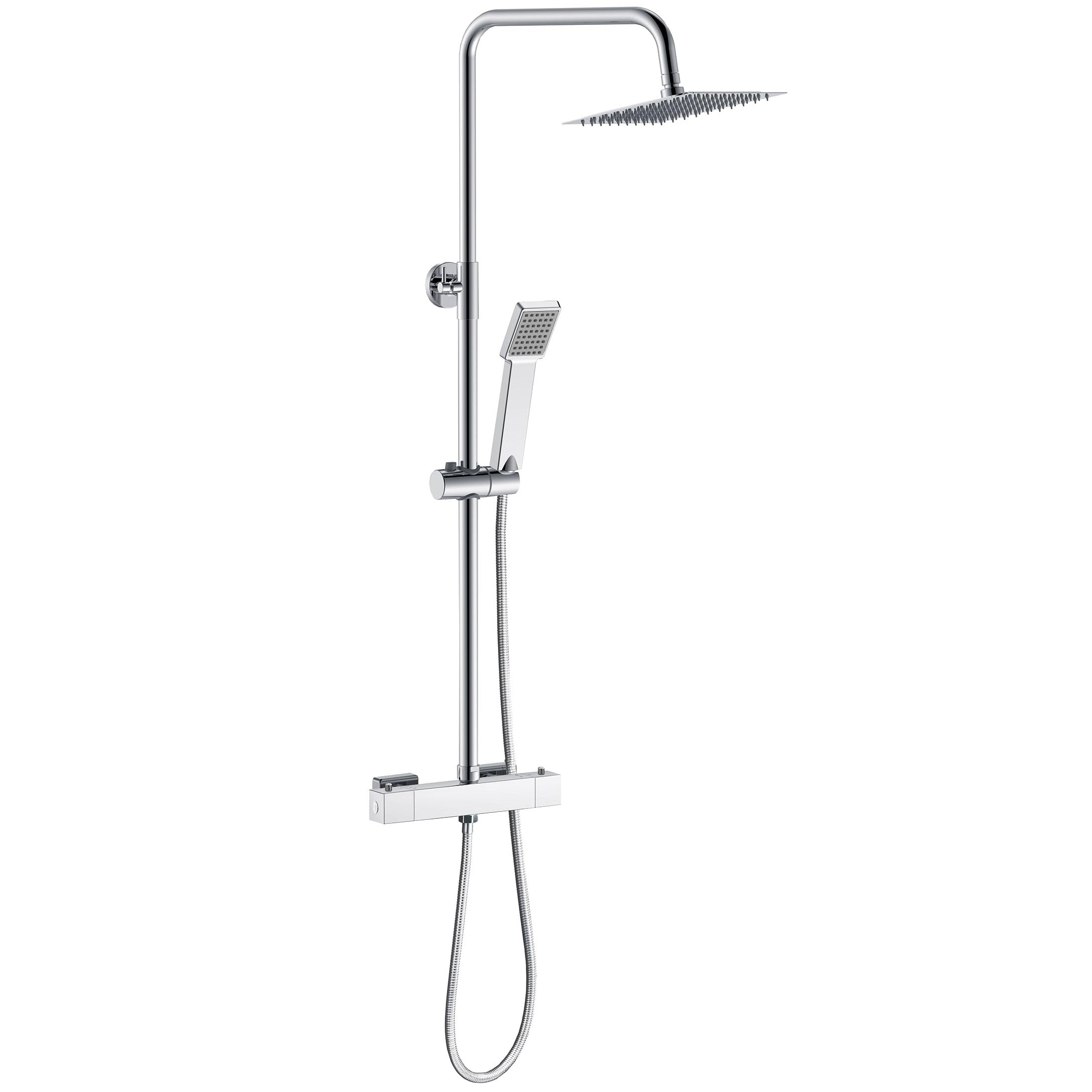 Aica Columna de Ducha con Termostato 38℃, Ducha de Baño, Rociador cuadrado con flexo de acero inoxidable, Ducha Lluvia, Teleducha y Barra ajustable en altura