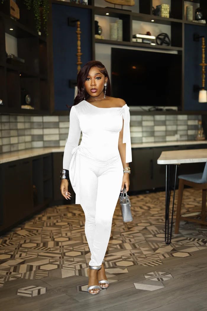 Vssjavun Women 2 Piece Outfits Sexy One Off Shoulder Long Sleeve Tops Skinny Long Pants Sets - Image 6