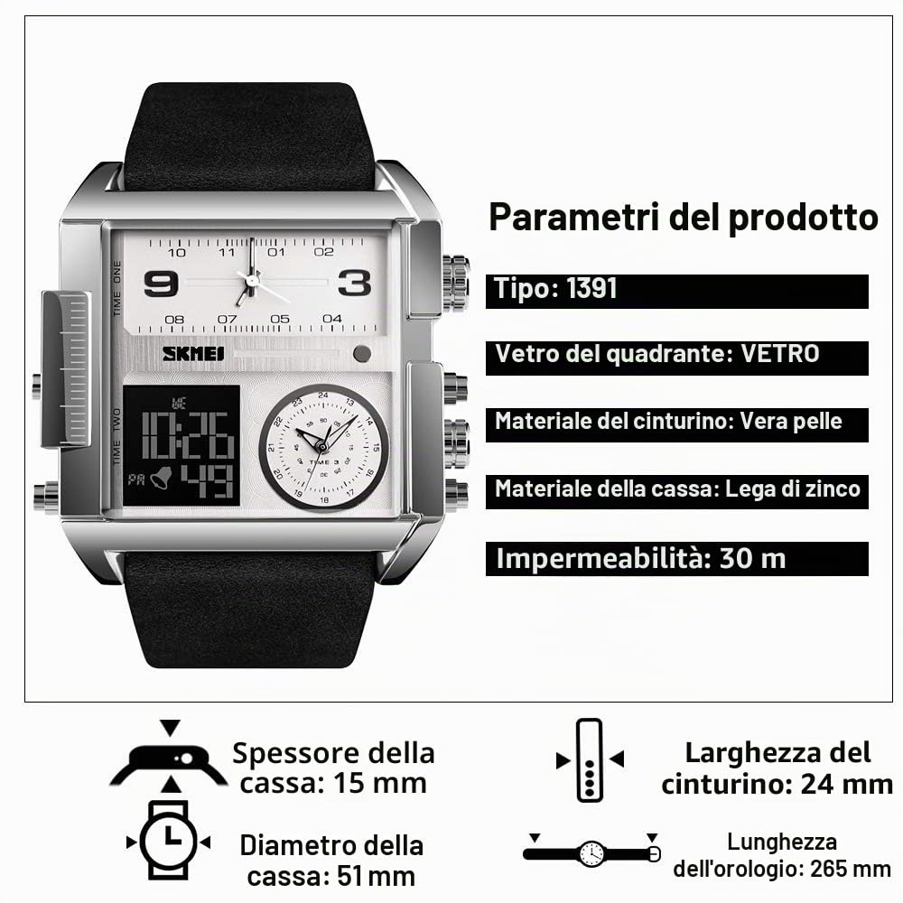 SKMEI Orologio da polso digitale sportivo da uomo, con quadrante quadrato grande, al quarzo, con cronometro impermeabile multi-fuso orario