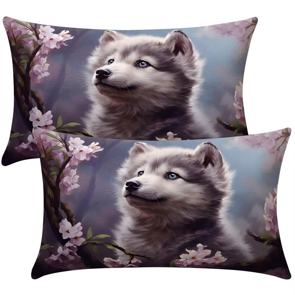 Cushion Covers 35cm x 55cm Flowers Cushion Cover 14 x 22 Inches Pack of 2 Throw Pillow Covers Puppy Sofa Cushions Polyester Linen Decorative Pillowcases for Couch Living Room Bedroom Home Decor -SC377