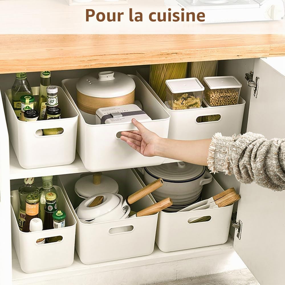 Lot de 8 boîtes de rangement avec 4 couvercles, panier rangement plastique | rangement avec poignées, boîtes de rangement multifonctionnelles pour cuisine, bureau, placard, salle de bain, jouets