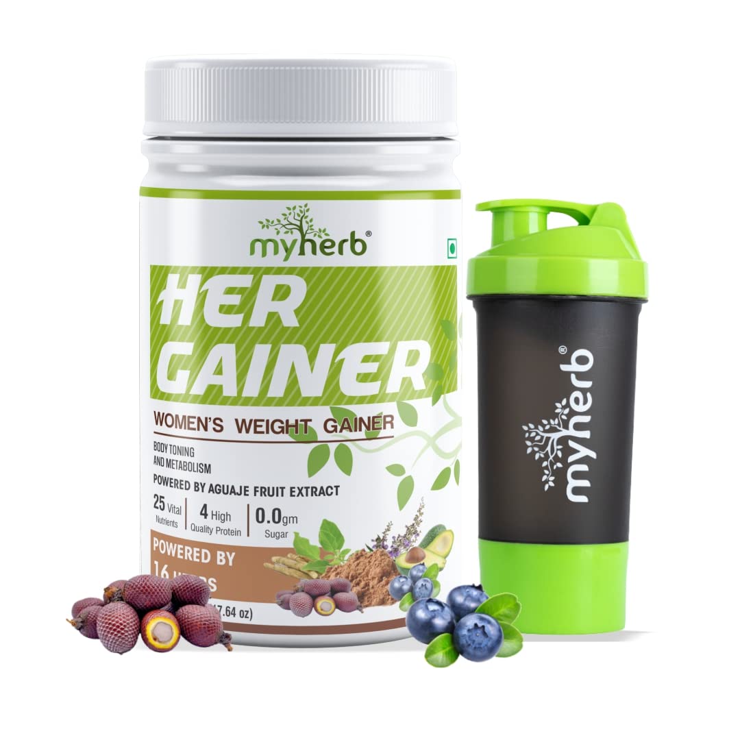 MYHERB Women’s Weight Gainer,Her Gainer With 16 Herbs,4 High Qaulity Protien,For Weight Gainer With Mass Gainer For Women Chocolate Flavour (500 Gm + Shaker Bottle)