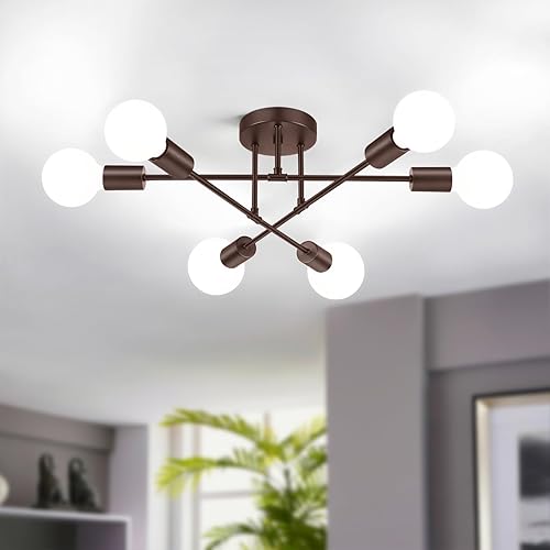 Modern Sputnik Chandelier Ceiling Light Fixture 6-Light, Bedroom Light Fixture, Sputnik Lights Fixture for Living Room, Dining Room, Kitchen, Office, Foyer, Hallway (Brown) - E26 Base