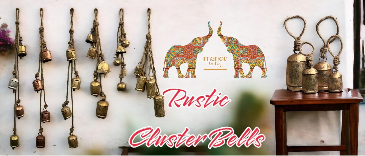 Mango Gifts Decorative 4 Harmony Rustic Iron Cluster Bells Garden Relaxing Tranquil Garden Wind Chimes, Country Style Cow Bells Antique Gold Finish Wall Hanging 82 cm Height
