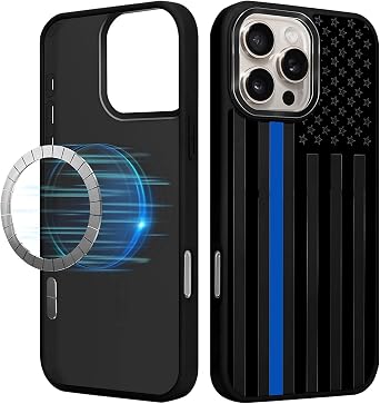 Magnetic Case for iPhone 16 Pro Max,Compatible with Magsafe,Military-Grade TPU Protection with Shock-Absorbing Edges,Slim Anti-Drop Case for iPhone 16 Pro Max -The Blue Line USA American Flag
