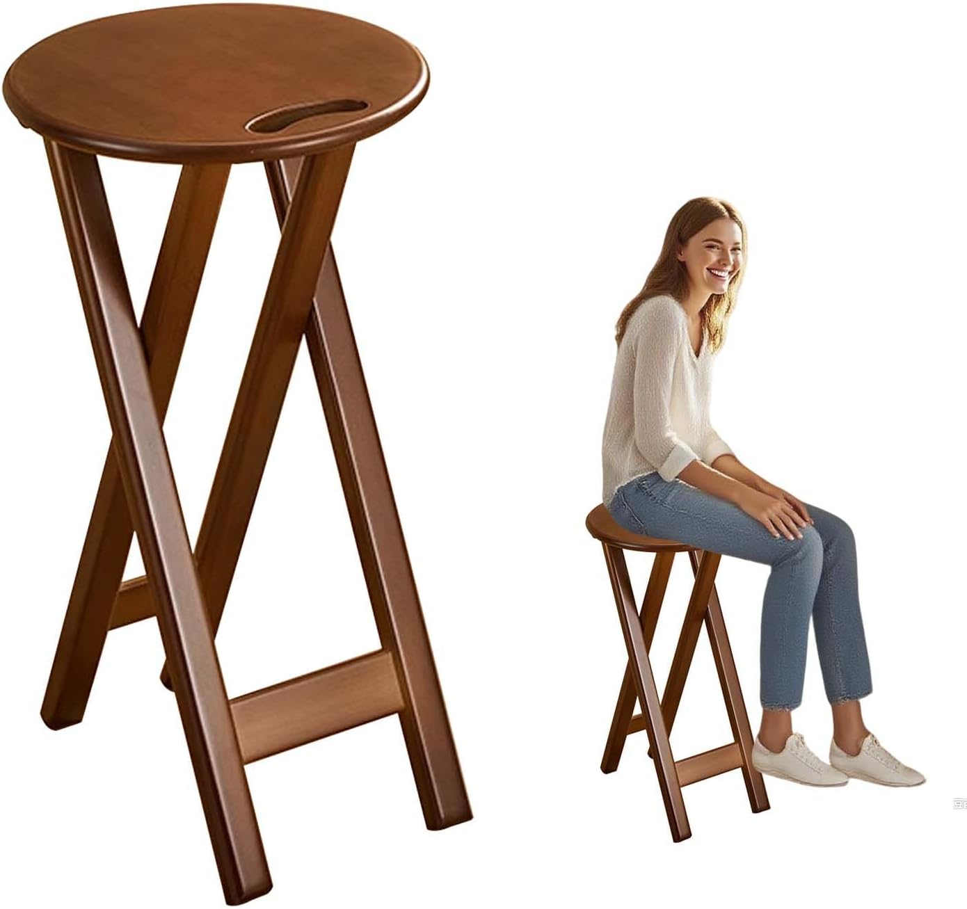 Backless Folding Bar Stool Bamboo,1 pcs Foldable Portable Counter Height Bar Stools Chair, High Collapsible Stool Seat for Adults, Kitchen Sitting Stool with Handle Lightweight