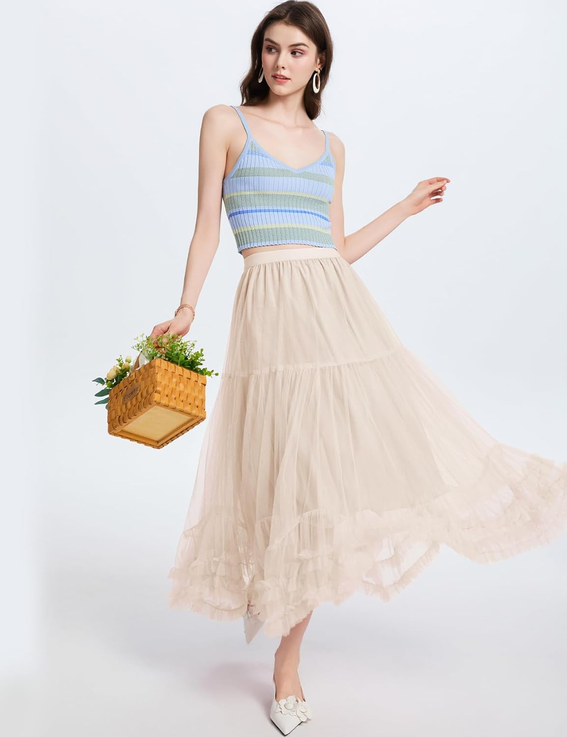 Flygo Women's Maxi Tulle Skirt Long Tiered A Line Mesh Tutu Fairy High Elastic Waist Pleated Layered Skirts - Image 6