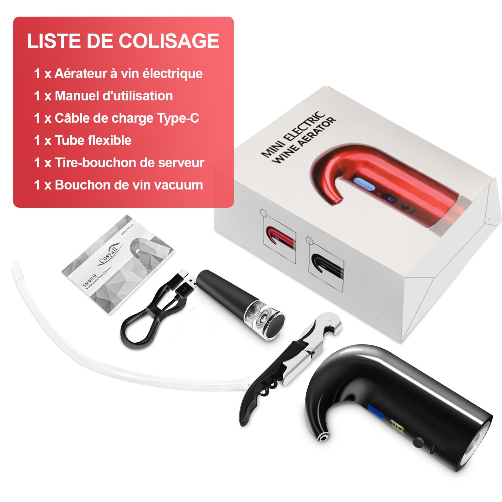 Décanteur à vin électrique, Aérateur Distributeur Verseur - Cadeau Fête des Pères, verseur d'aérateur de vin rouge à une touche, rechargeable de type C pour la maison et le bar (Noir)