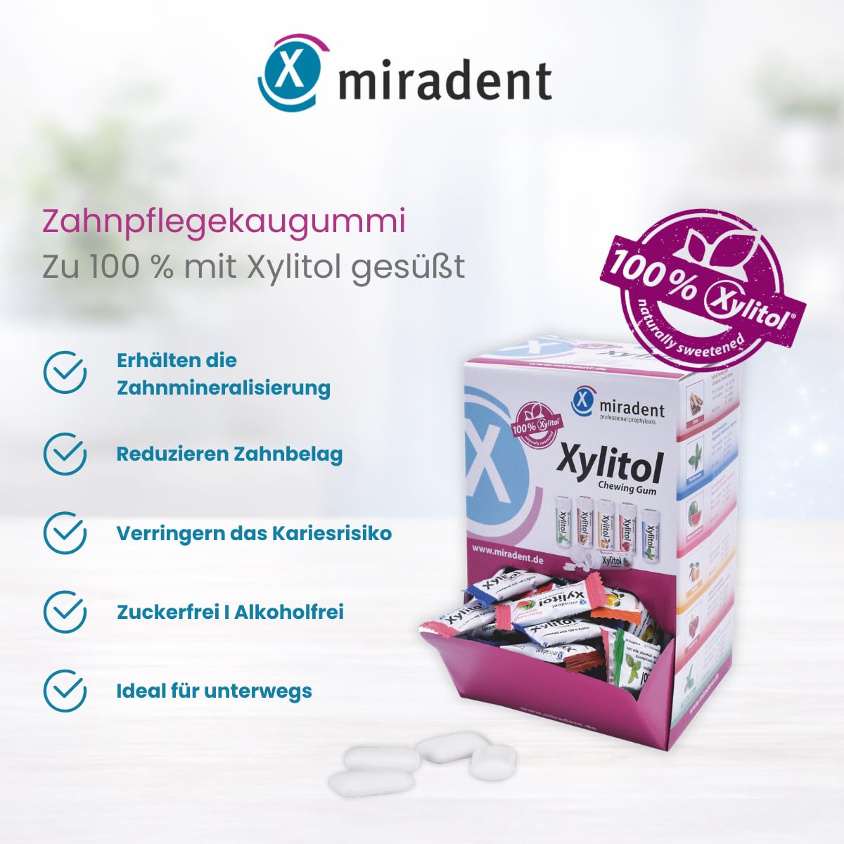 miradent Xylitol Kaugummi Schüttbox | 200x zuckerfreies Xylitol Kaugummi | Zahnpflegekaugummi für Kinder & Erwachsene |vegan | kariespräventiv
