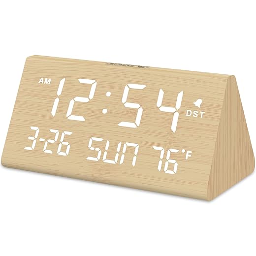 DreamSky Digital Alarm Clocks for Bedrooms Wooden Desk Clock with Date, Day of Week, USB Port