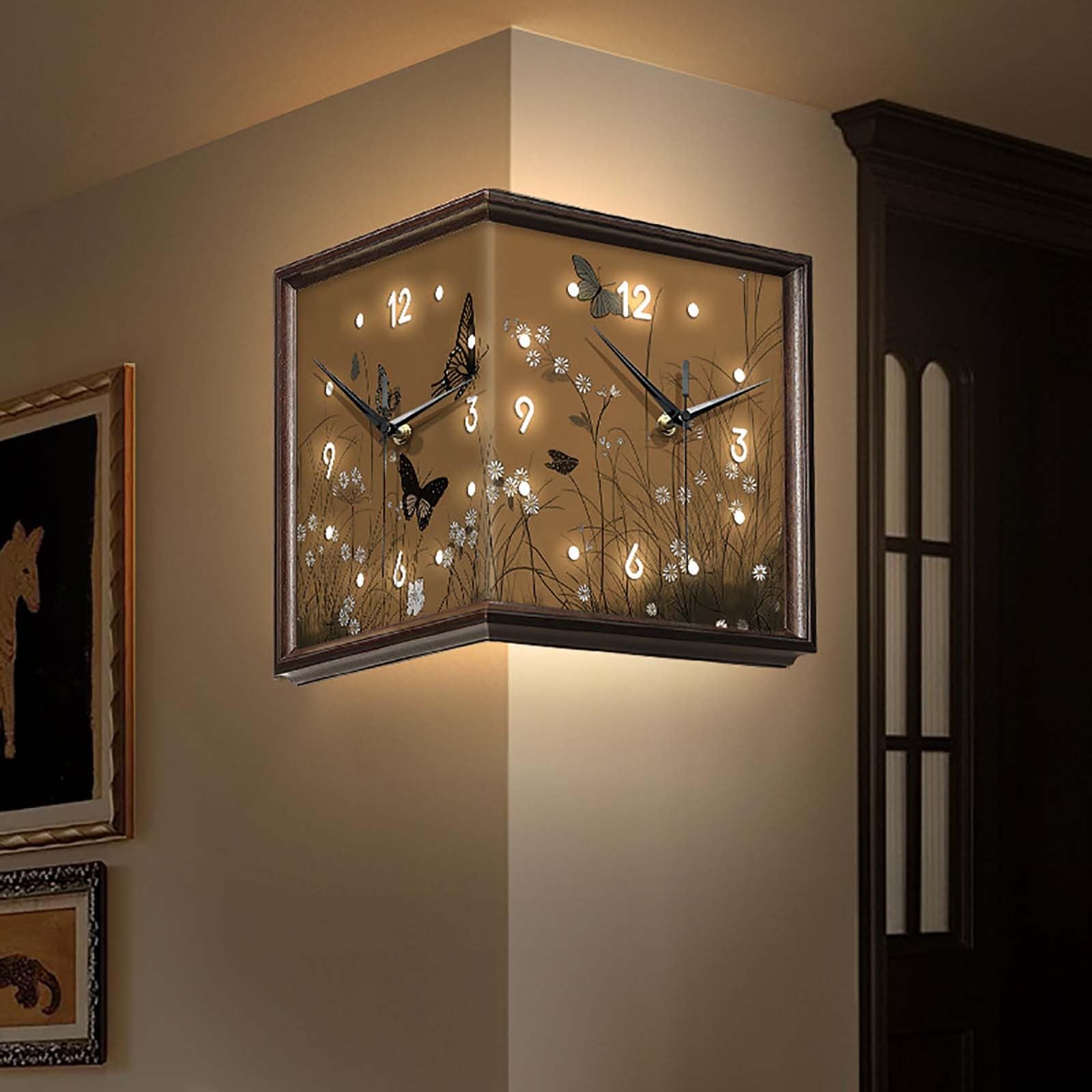 Dwustronna lampa ścienna z zegarem i automatycznym czujnikiem, dekoracyjny żyrandol w stylu retro do pomieszczeń i narożników ściennych.