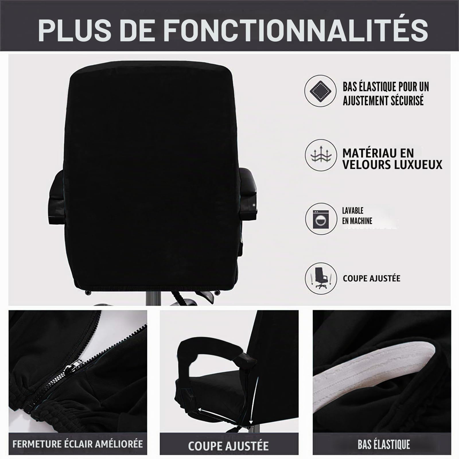 Housse de Chaise de Bureau avec Accoudoir Peluche Velours Couleur Unie,Housse pour Chaise Tissu élastique Amovible et Résistante pour Fauteuil de Bureau Rotatif Chaise,Noir - XL