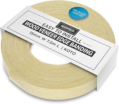 15mm Real Tropical Koto Wood Iron-On Edging - 7.5m Edge Tape - Pre-Glued Veneer Strip for Easy DIY - Edge Banding for Furniture Repair - Hot-Melt Backed Trim for Shelf, Drawer